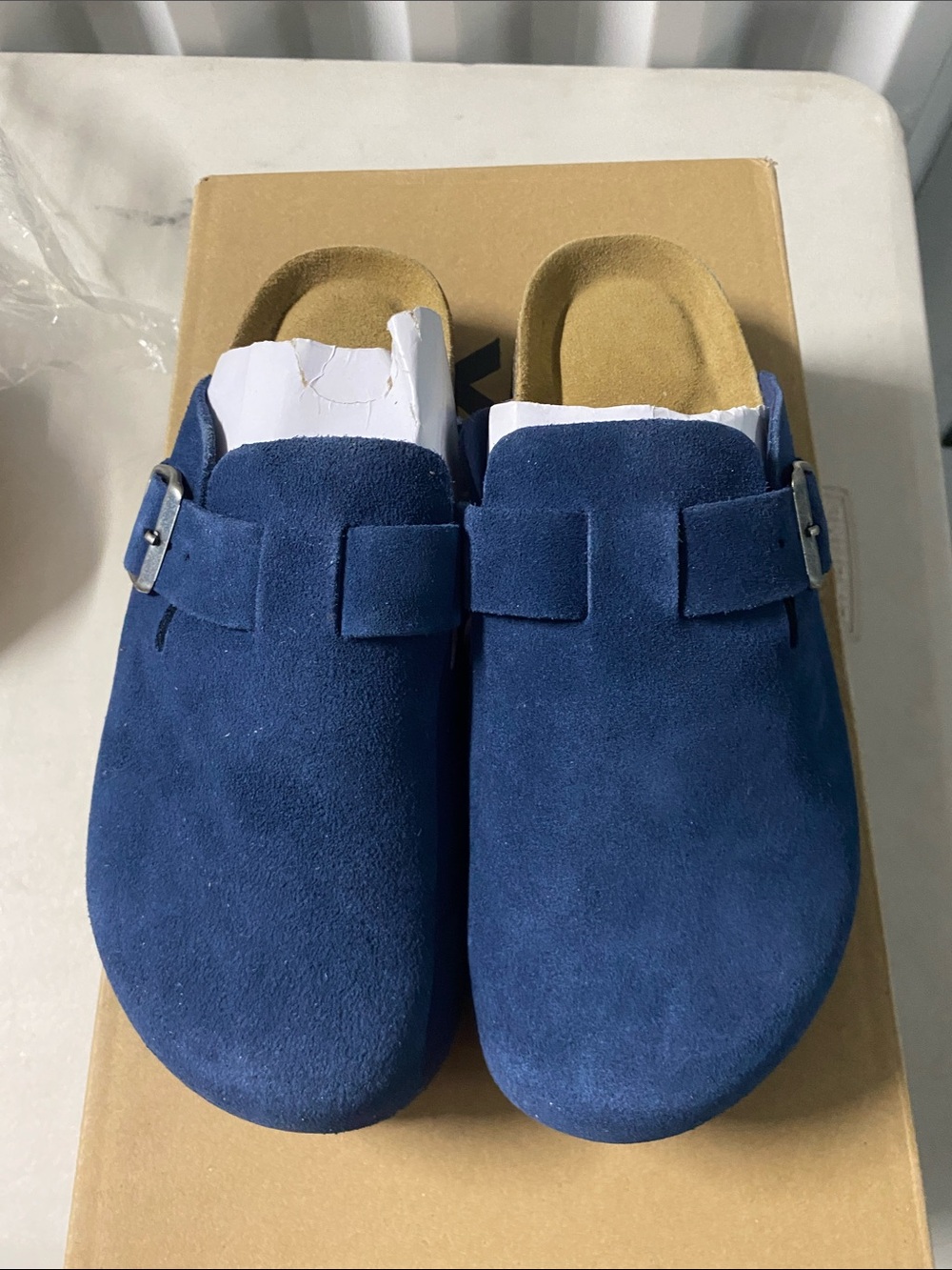 Womenβs Navy Suede Slip-On Clog with Buckle